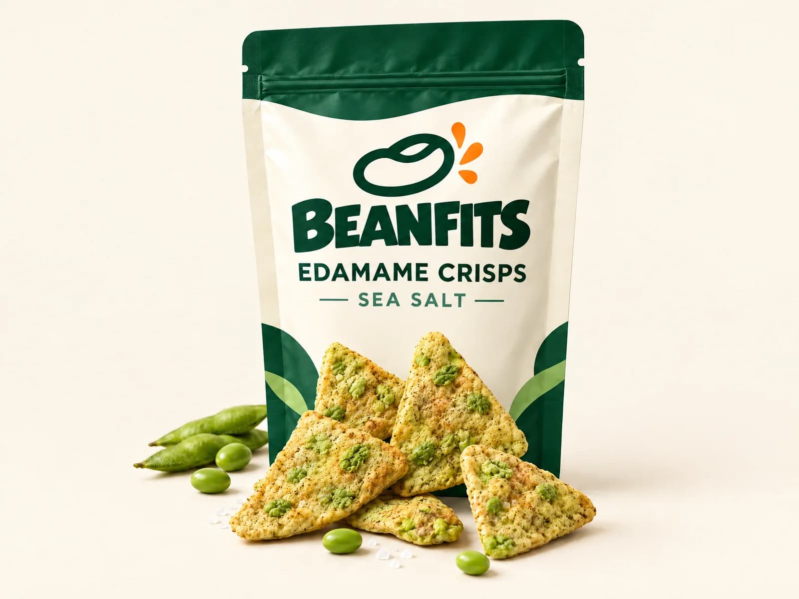 Illustrative stand-up pouch packaging concept for Edamame Crisps