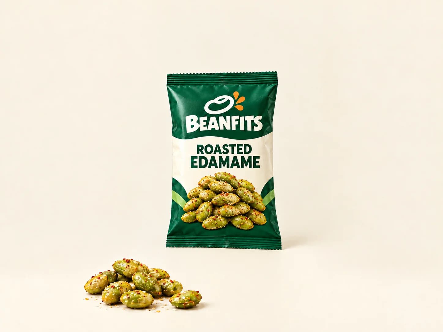 Illustrative BEANFITS roasted edamame back-seal pouch packaging concept