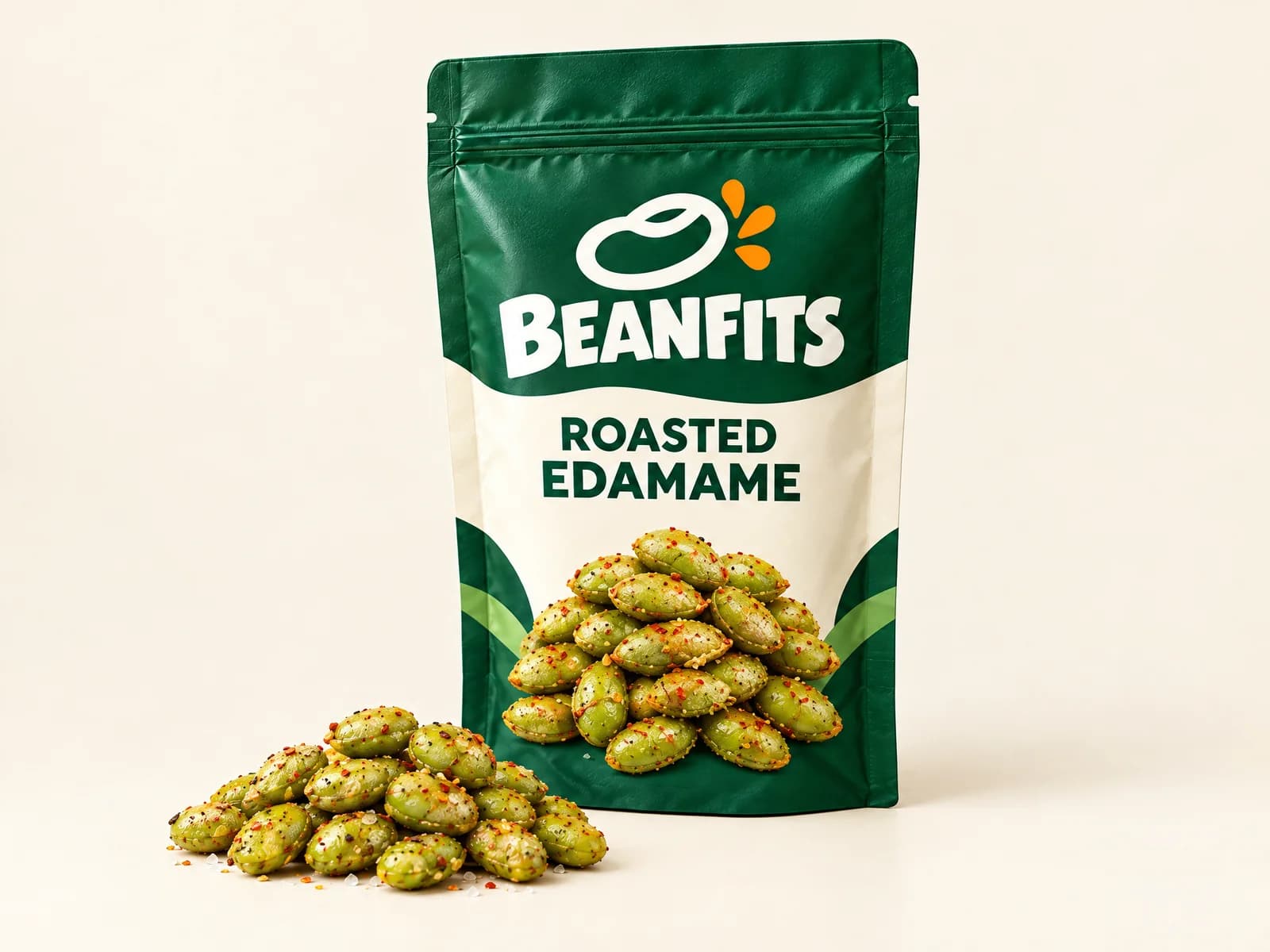 Illustrative BEANFITS roasted edamame stand-up pouch packaging concept