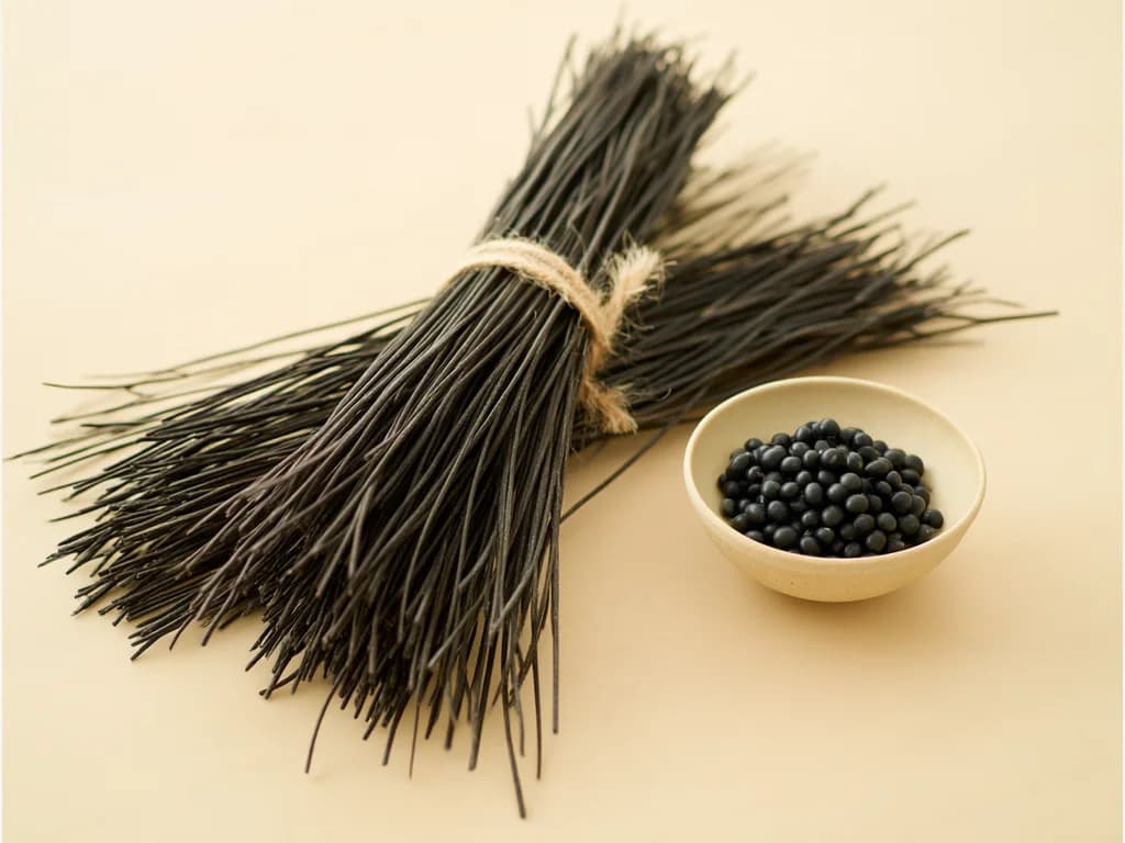 Black soybean spaghetti with a bowl of black soybeans