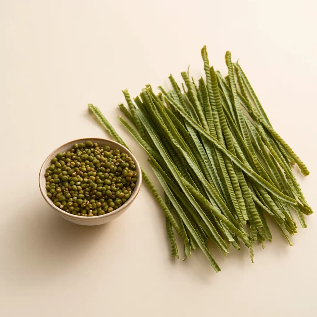 Edamame and mung bean fettuccine with a bowl of mung beans