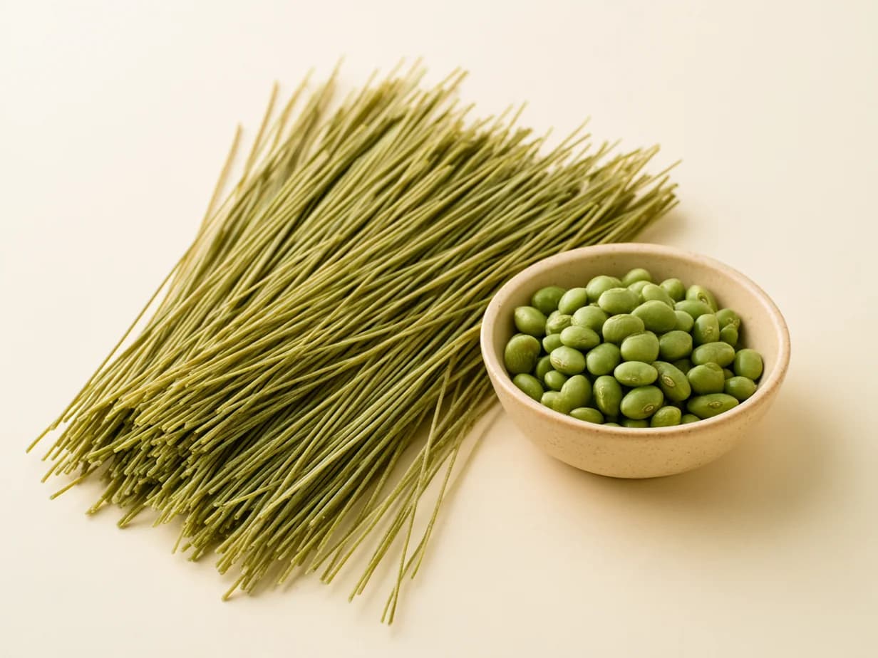 Green edamame spaghetti with a bowl of edamame beans